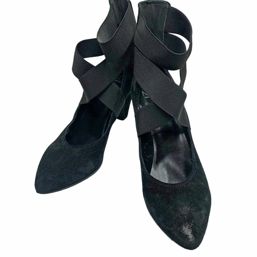 Now Black Burnished Suede Elastic Ankle Strap Pumps